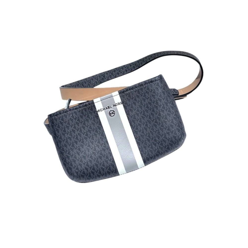 Michael Kors Logo Center Stripe Belt Bag Fanny Pack Black Silver L/XL Adjustable